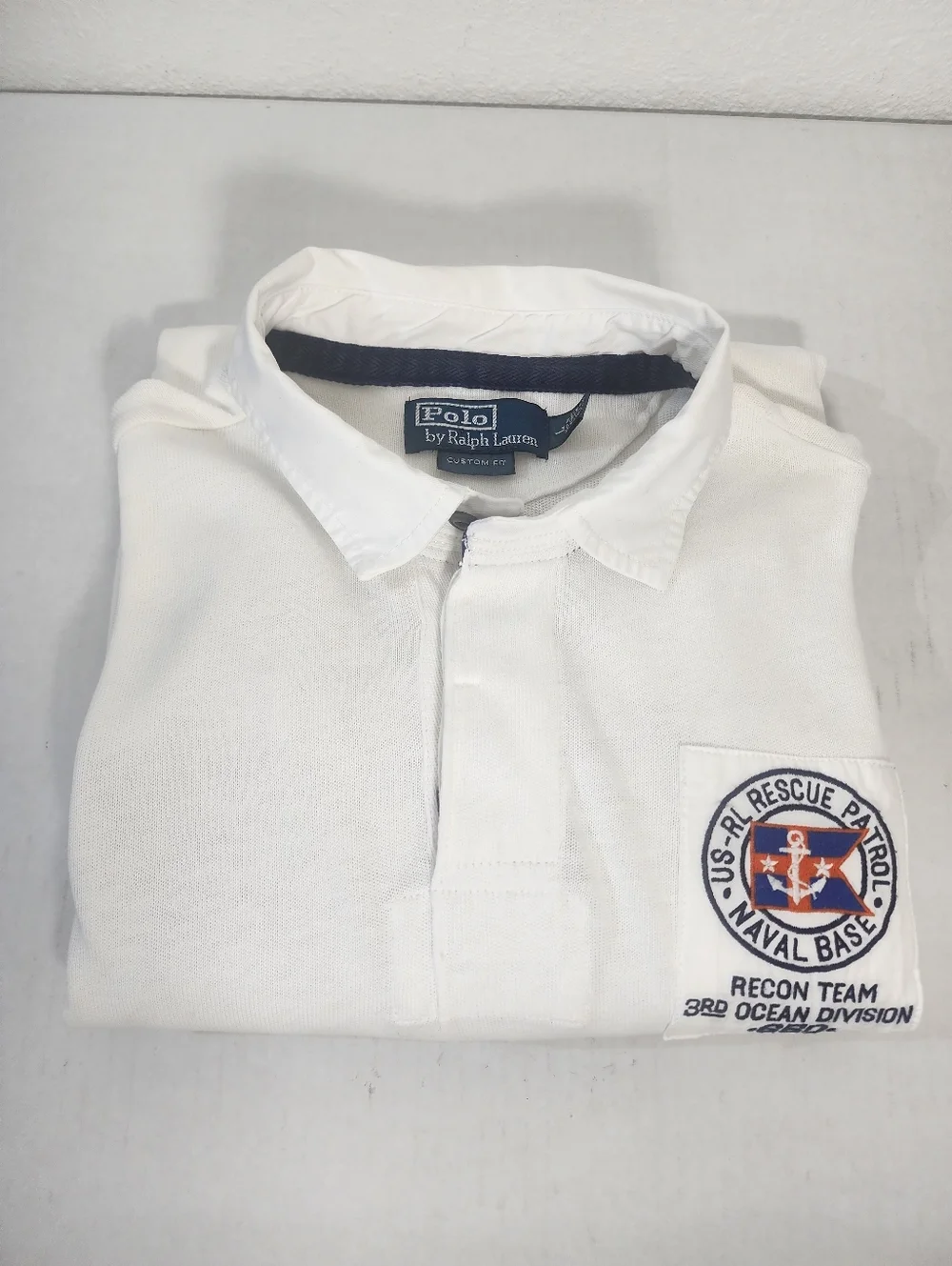 Ralph Lauren Men Vintage Naval Patch Polo Shirt White Long Sleeve Custom Fit L